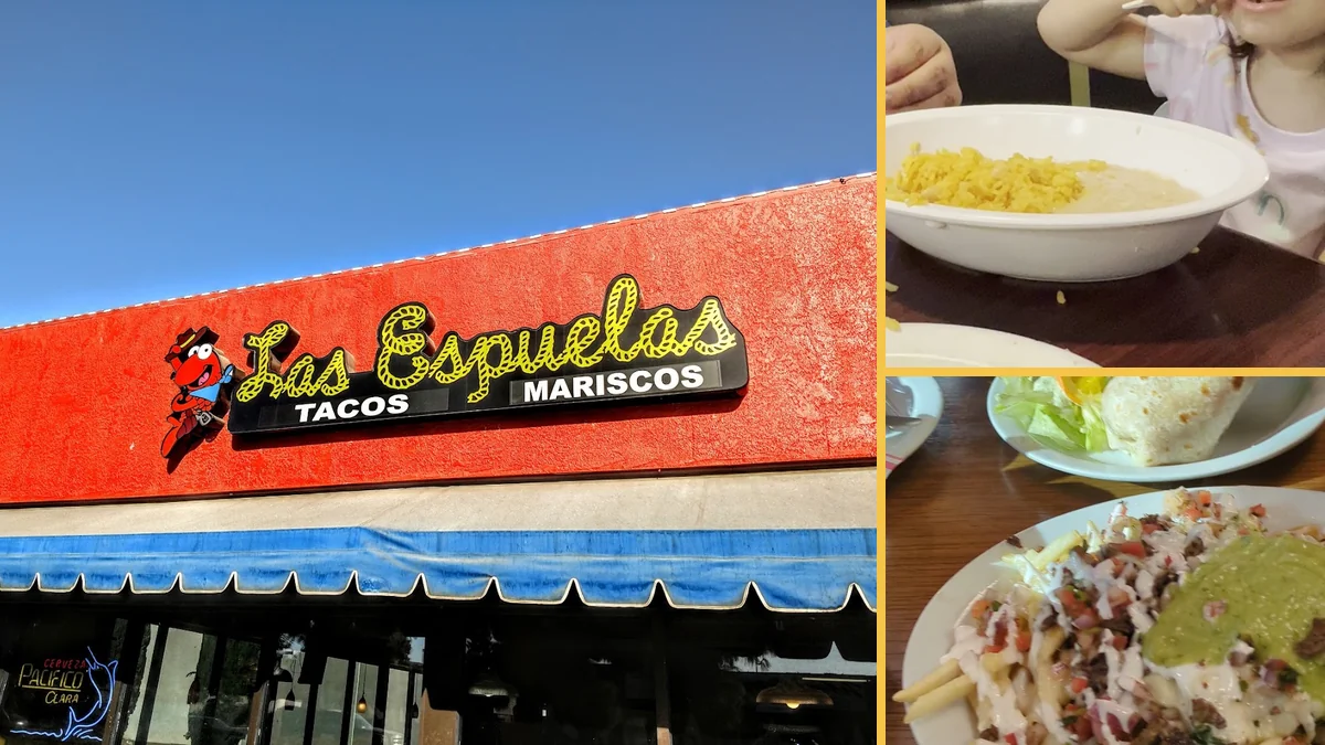 Plates of seafood and tacos on a casual table.