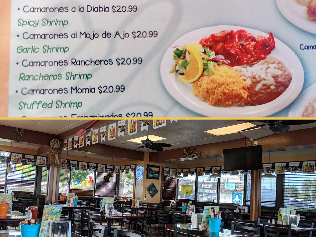 Colorful Mexican restaurant tables and chairs inside.