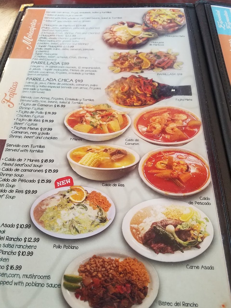Menu page with seafood, caldos, and fajitas.