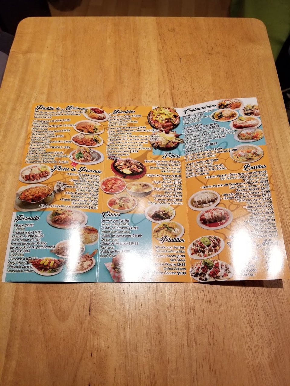 Restaurant menu with breakfast, lunch, and dinner sections.